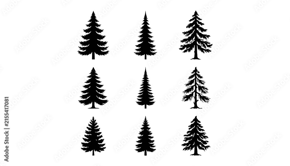Fototapeta premium Nine black pine tree silhouettes with transparent evergreen tree 1
