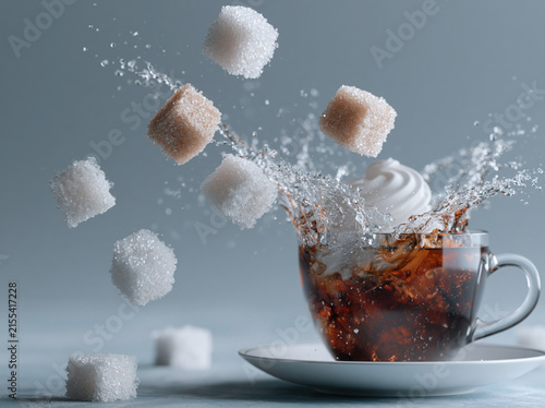 A cup of coffee with frozen splash droplets hanging in the air, floating sugar cubes, suspended cream swirl, impossible physics, hyper realistic studio photography. 