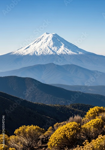 Majestic Snow Capped Mountain Peak Overlooking Rolling Hills and Golden Shrubs.