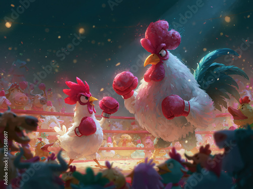 A dramatic chicken wearing boxing gloves, challenging a huge rooster in a tiny boxing ring, crowd of farm animals cheering, exaggerated expressions, humorous action, colorful feathers, 3D animated car