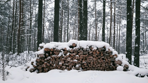 Winter’s serene embrace a cozy woodpile rests deep within a snowy forest landscape