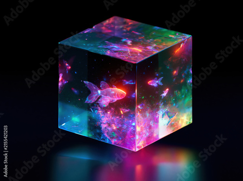 A floating cube of rainbow jelly containing tiny glowing fish swimming inside, crystal reflections, surreal culinary art, hyper-realistic macro photography. 