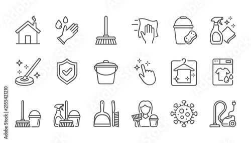 Housekeeping and Home Sanitation Line Icon Set Featuring Washing Machines Vacuum Cleaners Brooms Spray Bottles and Disinfection Coronavirus Prevention Symbols