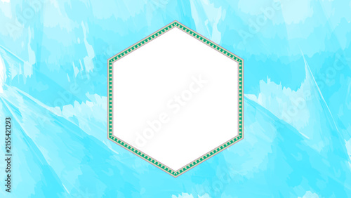 Abstract blue textured background with central white hexagon outlined in dotted green border, modern geometric digital artwork