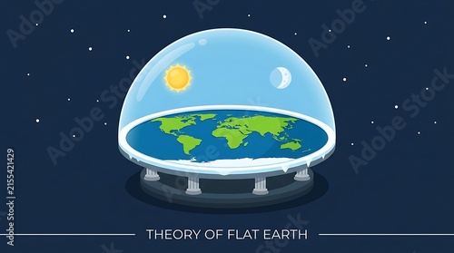 Conceptual flat earth theory model illustration showing sun moon and stars under a protective dome with ocean and continents resting on ancient pillars against a starry night sky