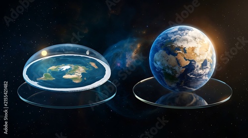 Conceptual 3D rendering contrasting flat earth theory with realistic spherical planet Earth in deep space
