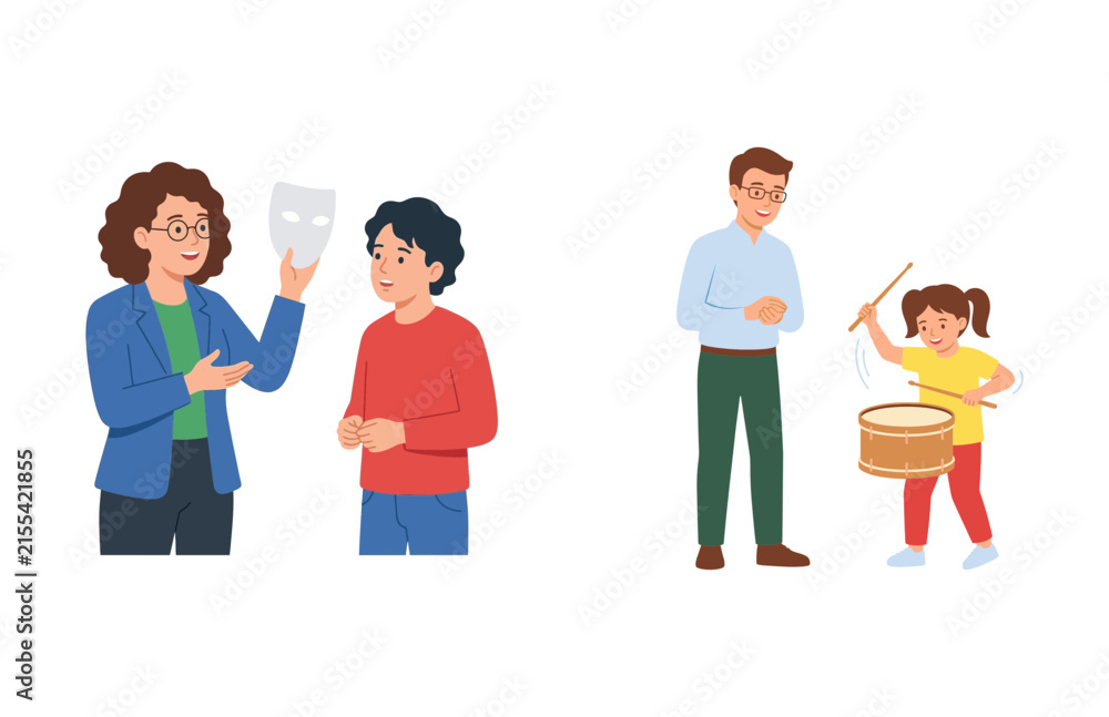 Fototapeta premium Vector illustration of an adult teacher interacting with children in a classroom or school educational setting