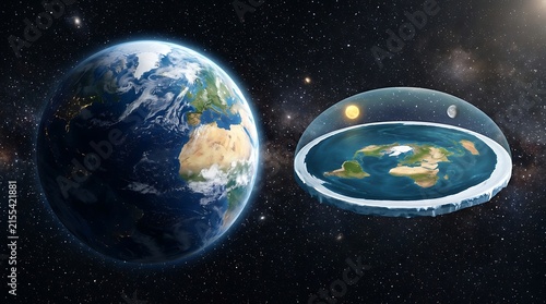 Spherical Earth versus Flat Earth theory concept illustrating two distinct planetary models in vast outer space