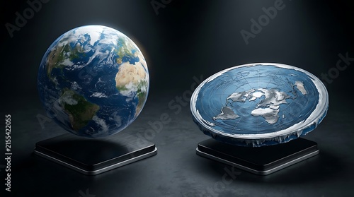Detailed conceptual image presenting the realistic spherical Earth globe alongside an artistic interpretation of a flatearth theory model