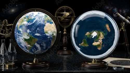 A detailed comparison of spherical globe versus flat earth model concept with old scientific tools against a dark starry sky