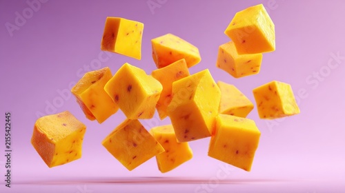 Floating cubes of yellow cheese on a soft purple background