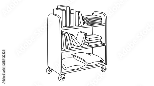 Illustration of a mobile library book cart with books and pillows, isolated on white