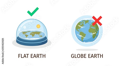 Flat Earth theory model with a protective dome and a sun icon contrasted with a rejected round globe earth concept