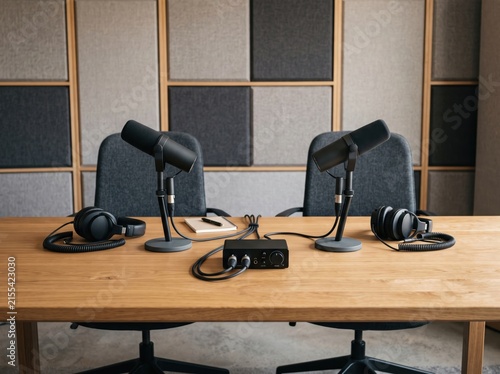 Podcast Studio Setup: A minimalist podcast studio featuring two professional microphones, headphones, and audio interface arranged on a wooden desk, ready for recording.
