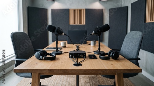 Podcast Studio Ready: A modern podcast studio setup with microphones, headphones, and chairs arranged around a wooden table, poised for recording.