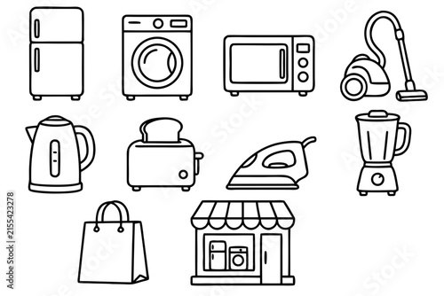 Home Appliance Store Outline Icon Set with Refrigerator Washer Microwave Vacuum and Blender