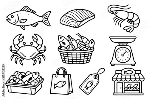 Fish Market and Seafood Shop Outline Icon Set