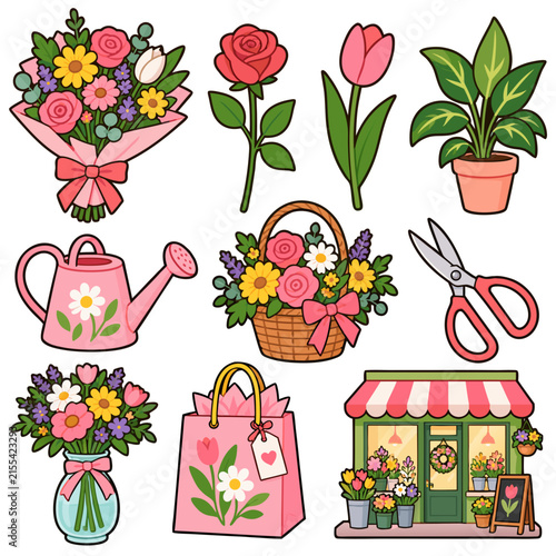Flower Shop and Florist Color Icon Set with Bouquets Roses Plants and Gardening Tools