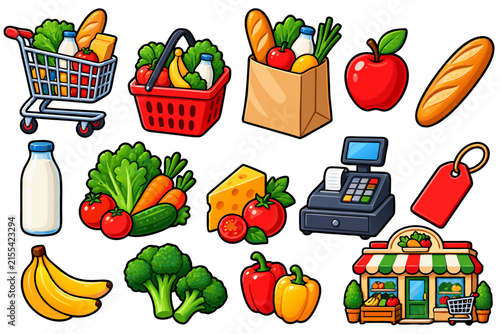 Organic Grocery and Fresh Produce Color Icon Set