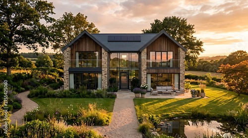 Modern luxury sustainable home in rural landscape at sunset