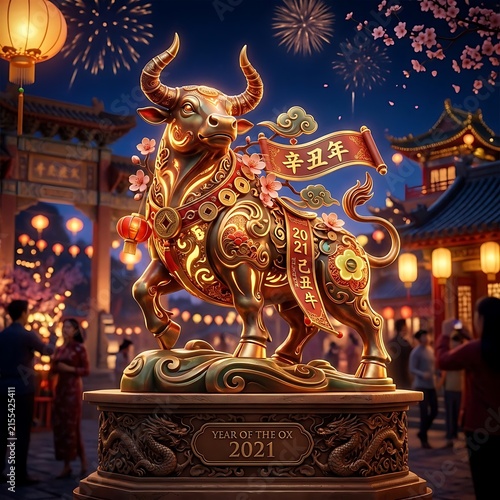 Decorative golden ox statue for chinese new year celebration