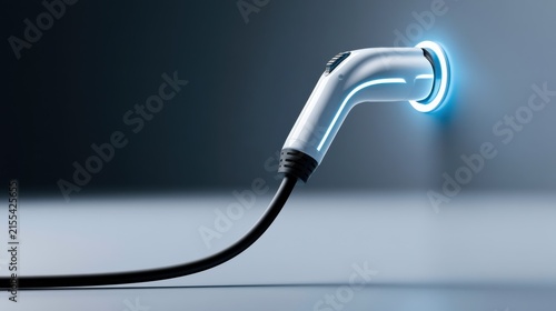 A close-up of a white electric vehicle charging connector with blue light accents plugged into a wall. The connector and cable are detailed, suggesting advanced technology in a sleek, modern setting