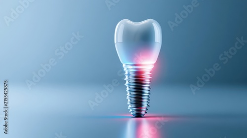 A modern tooth implant with a translucent crown, reflecting blue and pink light, representing dental technology and care