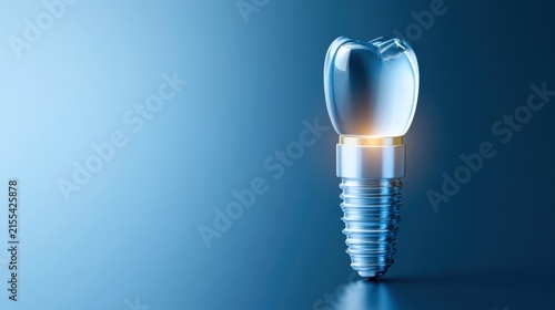A gleaming tooth implant with a bright glow, symbolizing dental innovation and health, set against a cool blue backdrop