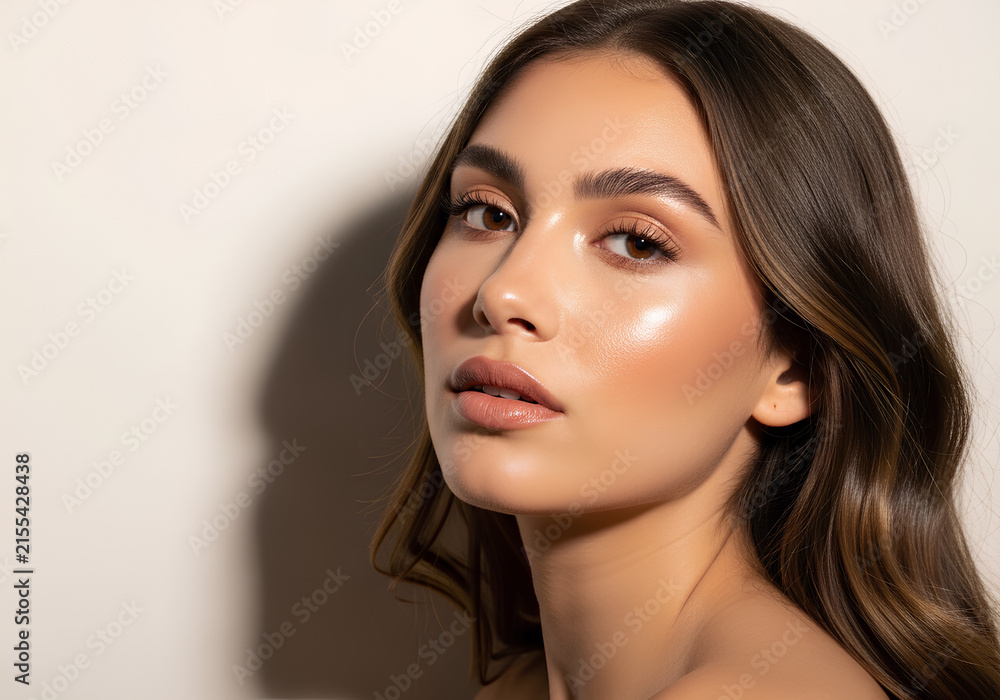 Fototapeta premium Portrait of a beautiful young woman with glowing skin and makeup