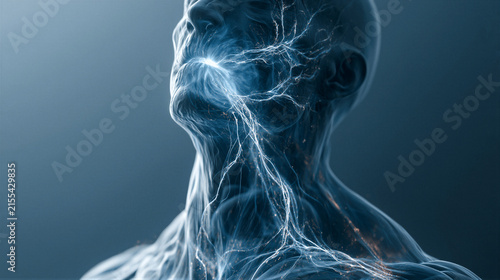 Translucent human figure with glowing blue oral cavity, luminous neural pathways linking mouth to heart and brain, 3D medical render on soft blue gradient with right copy space for healthcare websites