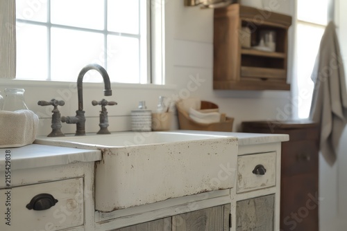A farmhouse bathroom featuring distressed wood cabinetry, whitewashed finishes, and vintage decor accents. Utilize a warm color palette, cozy textiles