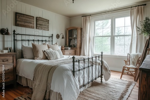 A farmhouse bedroom featuring distressed wood  antique accessories. Incorporate a large bed with a wrought iron frame, classic lighting fixtures, and rustic elements to evoke a welcoming, comfortable 