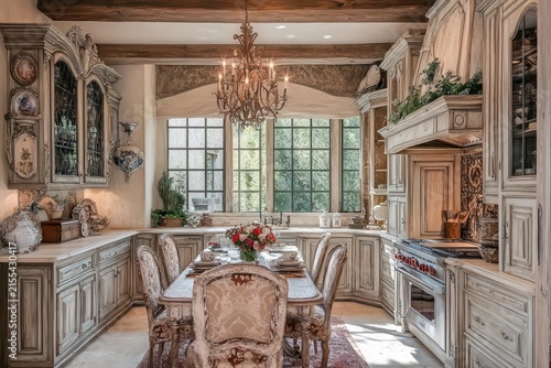 A French Country kitchen highlighting soft, warm colors, natural materials, and elegant decor. Emphasize 