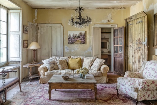 A French Country living room highlighting soft, warm colors, natural materials, and elegant decor. 