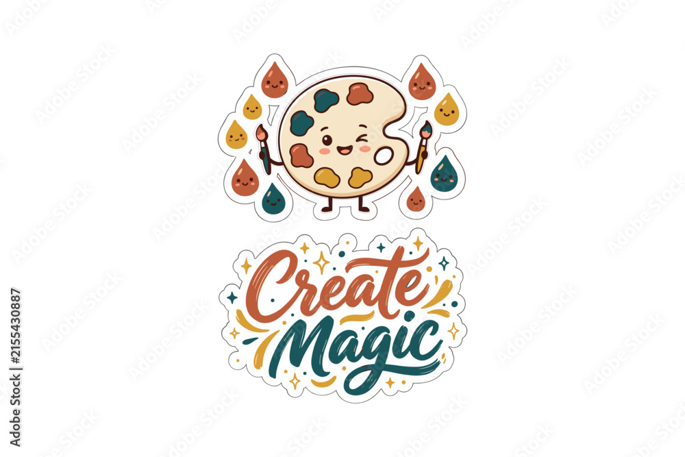 Fototapeta premium Cute Art Palette Character With Create Magic Motivational Lettering Sticker