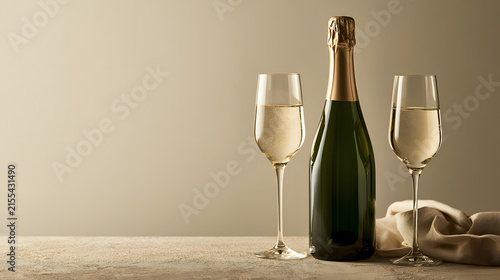 Elegant Champagne Bottle with Two Glasses on Neutral Background Perfect for Celebrations and Special Occasions