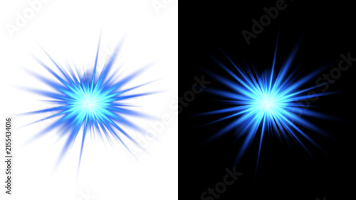 Bright blue starburst explosion, glowing lens flare effect with radiant light beams isolated on transparent background PNG