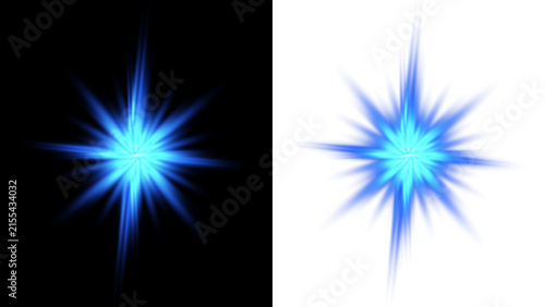 Blue lens flare light burst, glowing starburst with bright rays and optical shine effect on transparent background PNG