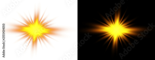 Golden yellow lens flare light burst, bright glowing starburst with radiant optical shine isolated on transparent background PNG