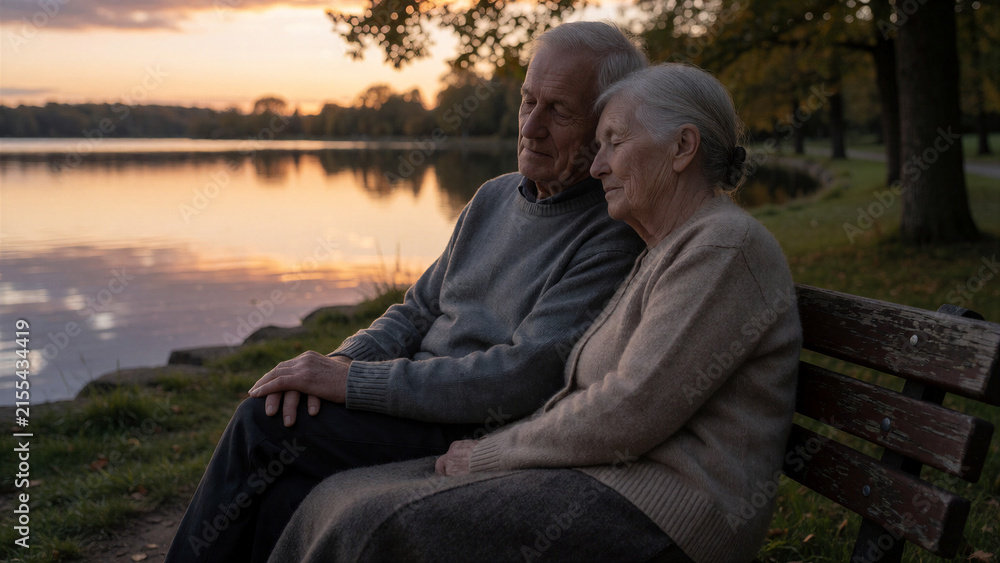 Fototapeta premium Ein Paar sitzt auf einer Parkbank und genießt gemeinsam den Sonnenuntergang. Das Motiv vermittelt Ruhe, Liebe und Naturverbundenheit.