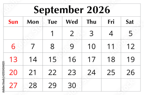 September 2026 English monthly calendar page isolated on transparent PNG
