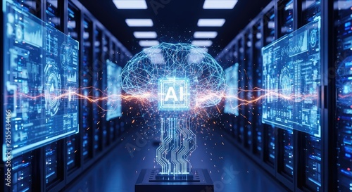 Artificial intelligence brain hologram in high tech server room.