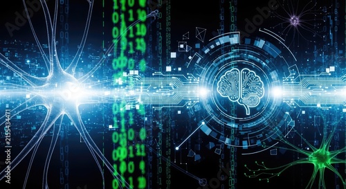 Artificial intelligence brain interface with binary code and neurons.