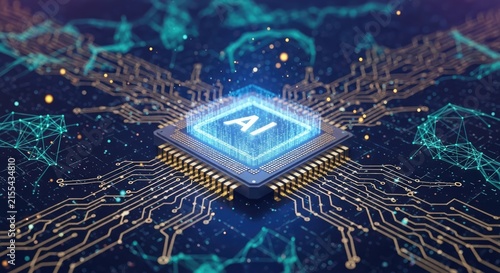 Artificial intelligence chip centered on glowing circuit board.