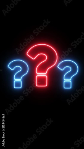 Neon question marks glowing in red and blue on black background, abstract concept of mystery and inquiry