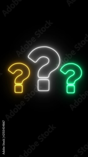 Neon question marks glowing in yellow, white, and green on black background, for faq and, problem solving concepts