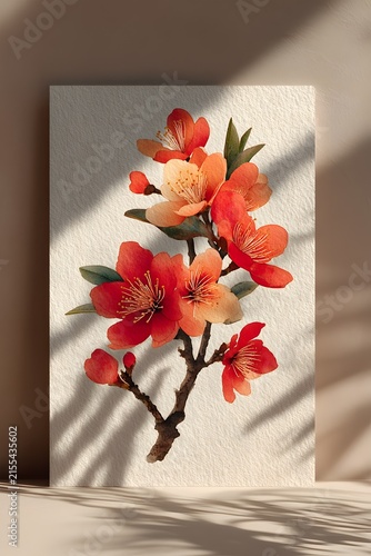Premium fine art poster of autumn cherry blossoms, layered coral, apricot, burnt orange and gold petals, delicate botanical branches.