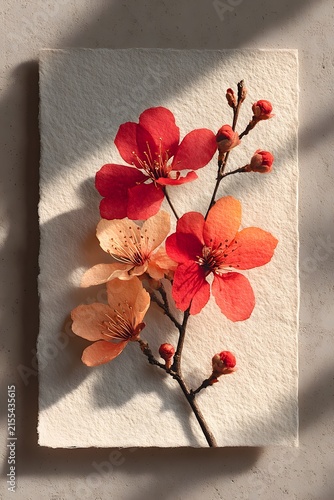 Premium fine art poster of autumn cherry blossoms, layered coral, apricot, burnt orange and gold petals, delicate botanical branches.
