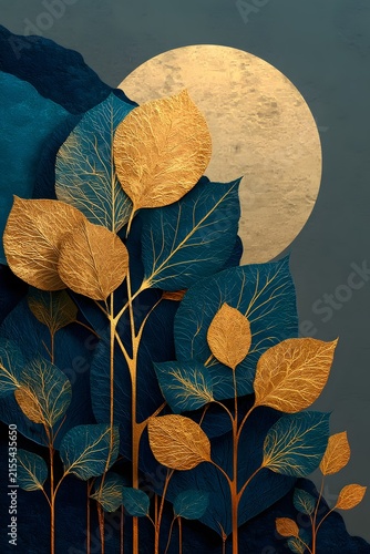 Luxury moonlit botanical wall art, elegant botanical branches with delicate leaves, metallic gold foil veins, deep navy blue background.