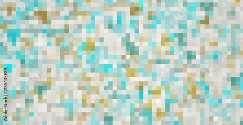 Dynamic abstract pixel mosaic background texture composed of small square tiles in refreshing teal, golden beige, and crisp white, perfect for contemporary digital design